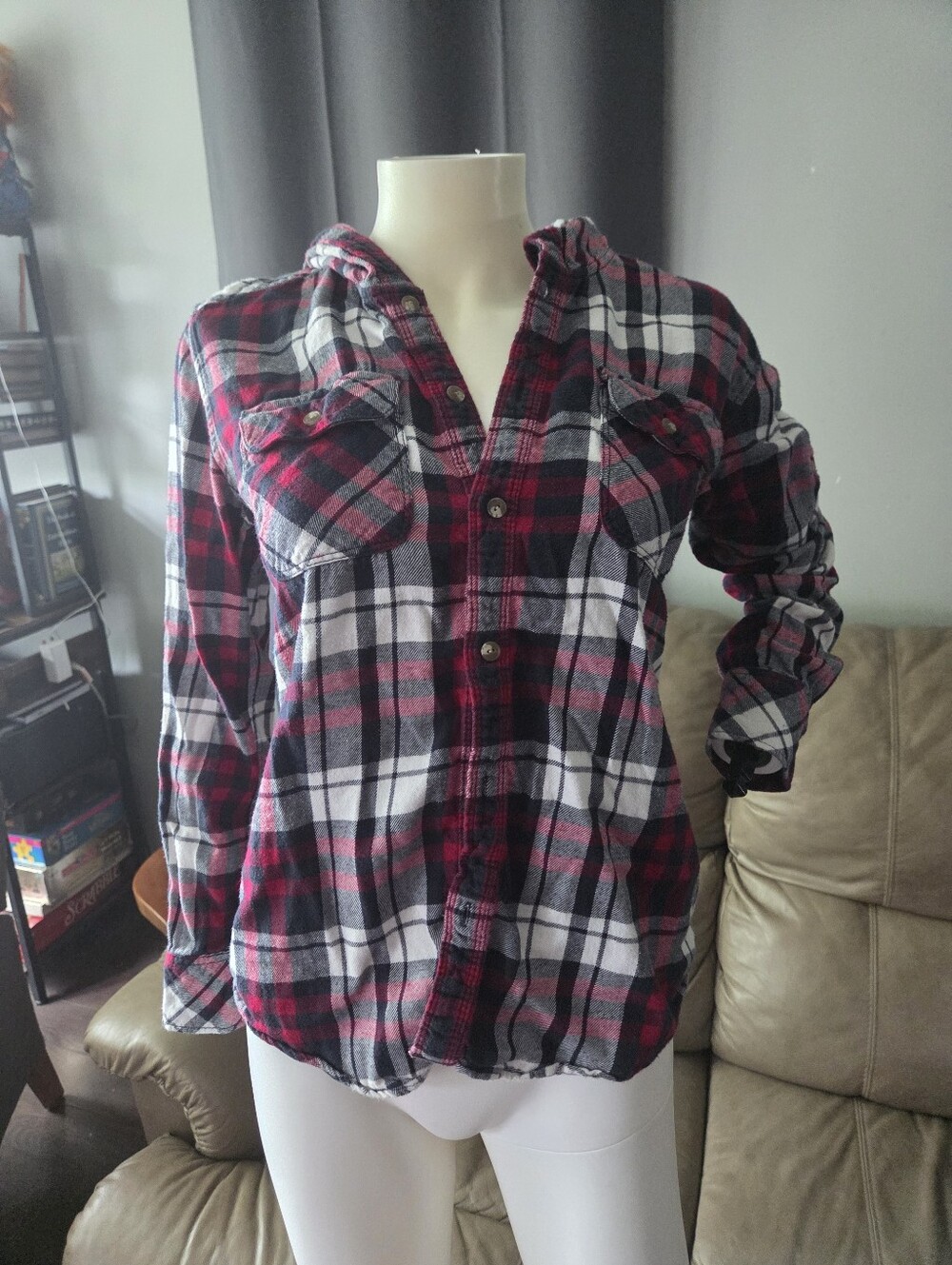 TNA Red & Black Plaid Button-Up Hooded Flannel, Size Small, With Hood